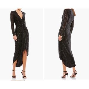 Ieena For Mac Duggal NEW Sequin‎ Knotted Holiday Midi Dress Black Sz 6 MSRP $298